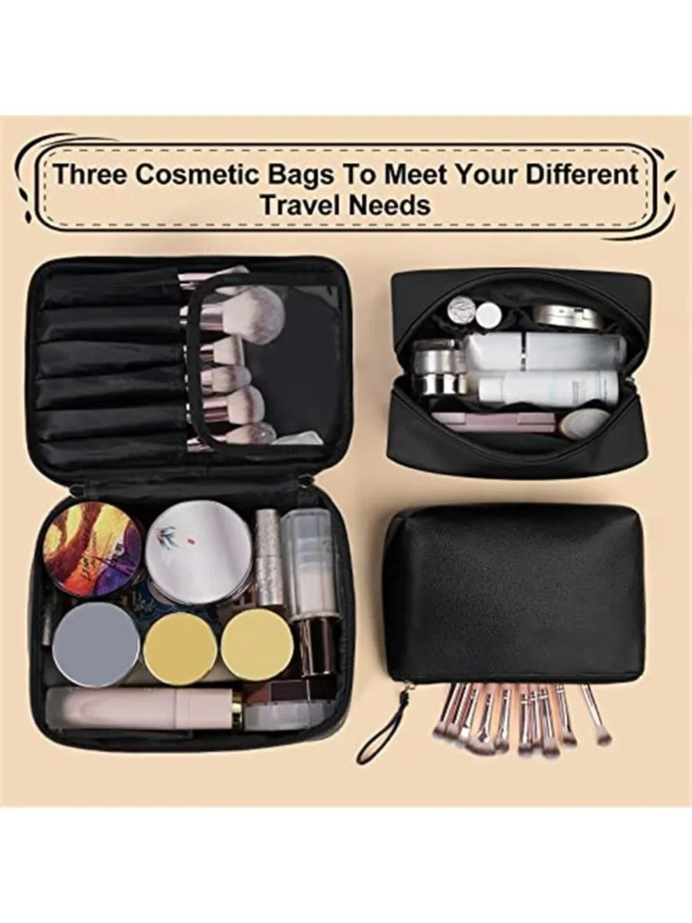 Womens Travel Makeup Bag Set Cosmetic Toiletry Organizer Pouch PU Leather 3 Pcs